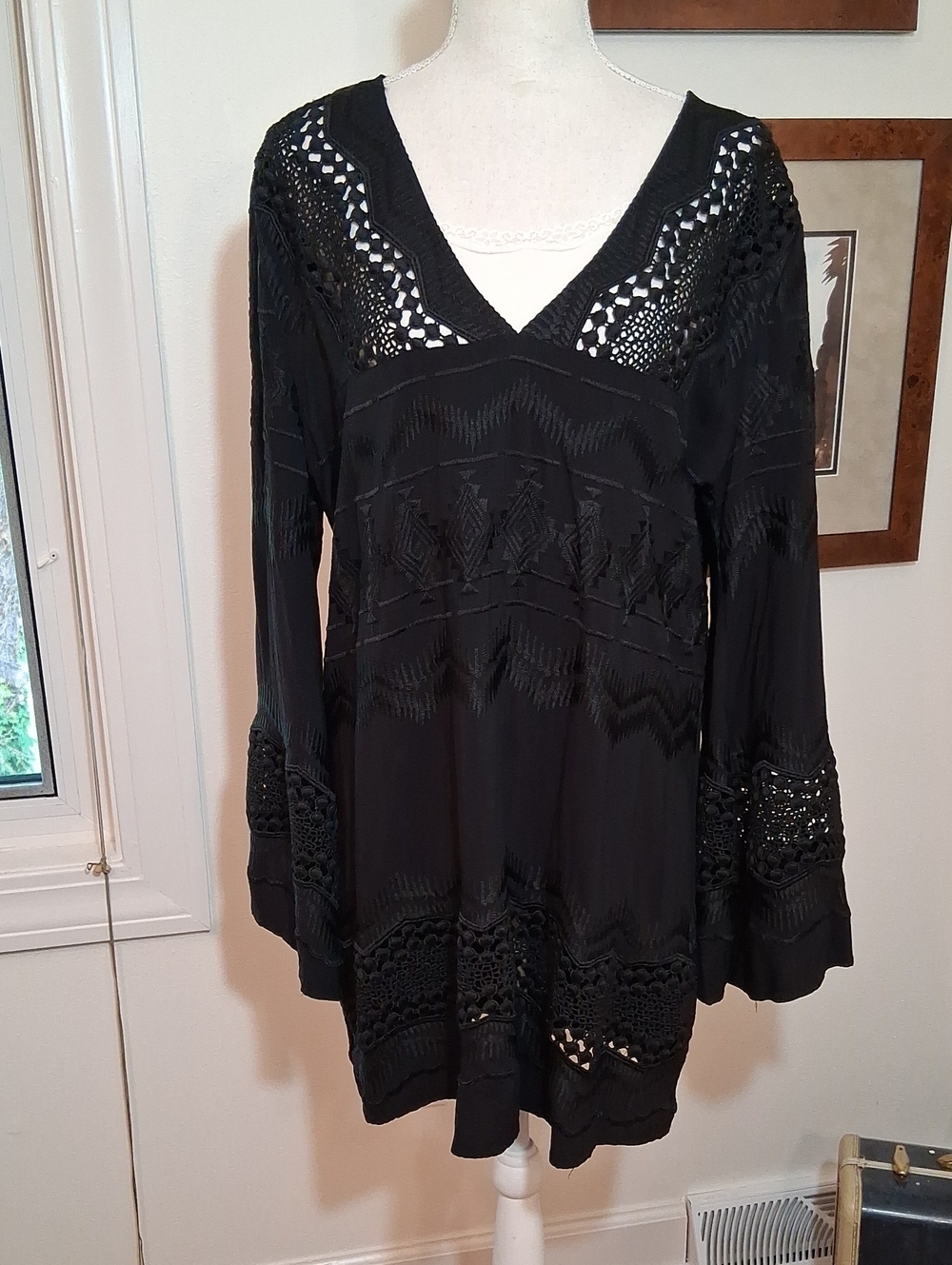 La Blanca Black Crochet Long Sleeve V-Neck Dress Or Tunic